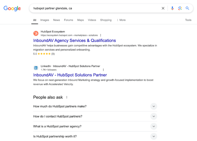 Search for “HubSpot Partner Glendale, CA” made January 2024